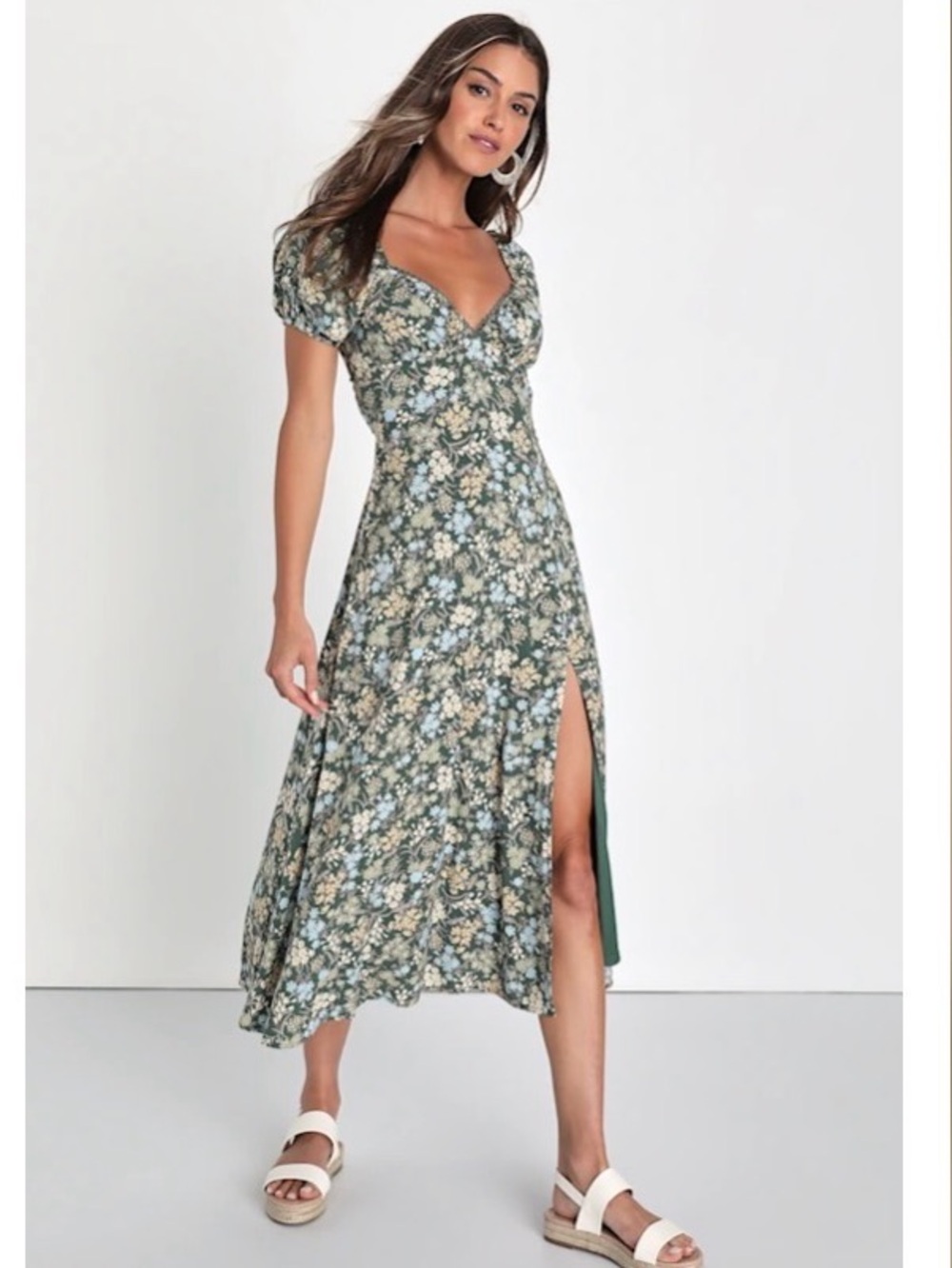 Lulu's Green Floral Midi Dress with Puff Sleeves and Side Slit